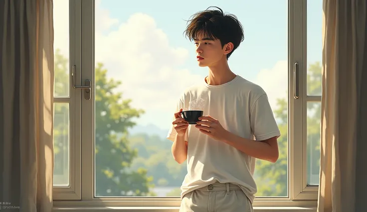 A young man standing behind window looking outside with a coffee cup, wearing white T-shirt and white long pants, realistic style, realism, realistic style, realism