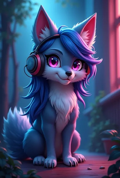 Furry, gray wolf FURRY in dark room, he has blue and purple hair AND eyes. He has a Headphones, cartoon FURRY