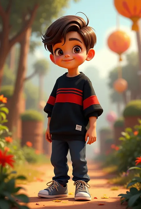 A boy 12-year with brown hair wears a black shirt with dark red stripes, dark blue pants , and gray shoes Disney Pixar