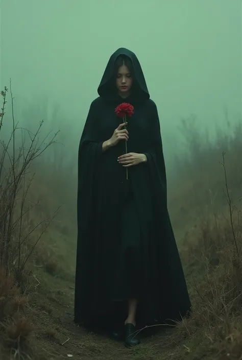  The woman in the image wears a dark cape or cloak with a hood ,  appearing to be seated in a minimalist and melancholic setting, surrounded by dry vegetation .  She holds a red flower in her hands , while walking on her back ,  as if she were going to som...