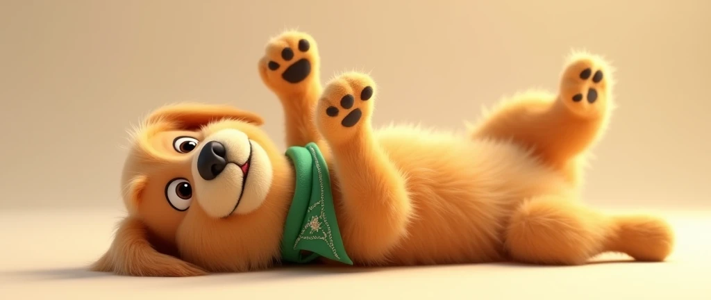 A Golden Retriever dog with soft, golden fur and a goofy, playful expression. He is lying on his back with his belly up and paws in the air, looking relaxed and silly. His green bandana is around his neck, adding a unique and friendly touch. Rendered in a ...