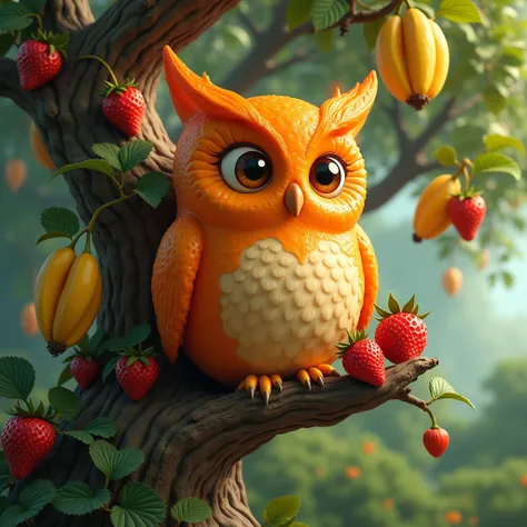  Real-fantastic-cartoon world , high quality ,  highly detailed ,  hyperrealistic ,  extremely realistic ,  photorealistic , 8k, the owl is made of orange ,  it sits on a large oak ,  on the oak grows strawberries and bananas