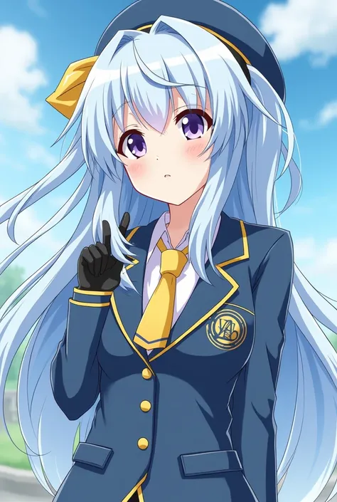  16-year-old female character  , the style of the anime Boku no hero , she is part of U . A and is in uniform , she has light blue hair and white and yellow  , has lilac eyes  , and has the individual to mirror ,She can  " teleport "  through some things t...