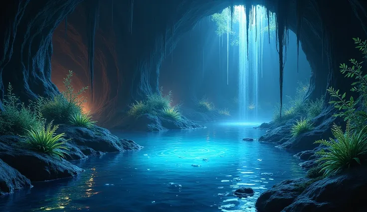 Create a beautiful and mysterious water spring, hidden between plants. I want the picture to be at night with a magical atmosphere, the plants should shimmer and glow, in a cave, I want it to look as magical as possible 