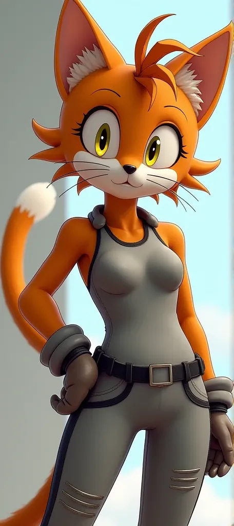 Brown feminine cat with yellow eyes from game Sonic the hedgehog, with nice cool grey outfit something like wearing with tank top with pants or cool dress in Sonic game