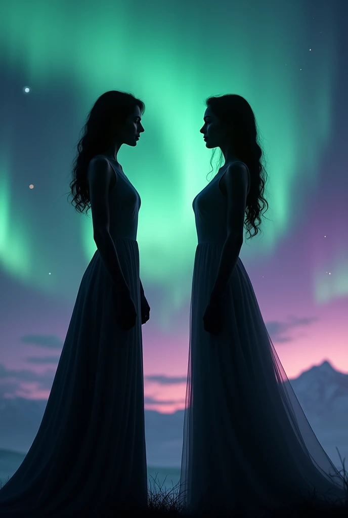  A silhouette of two women.
One taller than the other .
 In the background an aurora borealis .

