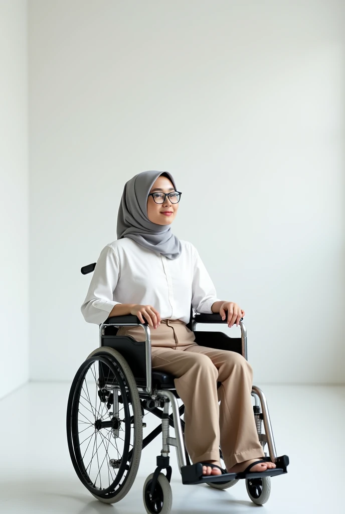 A Malay woman in her 30s sitting in a wheelchair, wearing glasses and a light grey hijab. She is dressed in a white blouse paired with khakis pants. Her posture and demeanor subtly convey that she has total permanent disability, with a serene and dignified...