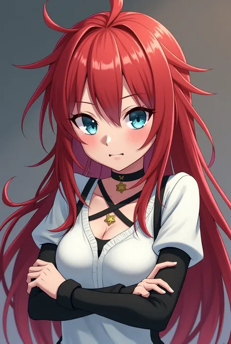 ( anime style )

appearance:  Girl with crimson red hair and long ,  sky blue eyes,  defined body hybrid human dragon ,  with black cuffs , star brooches , disheveled hair, light skin,  20 years old

dress :  strap necklace ,  white sweater with black slee...