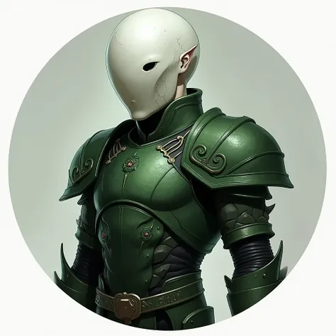 D&D art, Portrait, looks like Irah Wendagoth, commander, dark green armor, green marks on face, no hair, dark black eyes with no sclera, circular portrait, transparent background, Huge spherical white head, Bottomless dark eyes, elongated limbs, bust, bone...