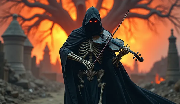 "(Best quality, highres, ultra-detailed, realistic:1.4), a mystical hooded man shrouded in a flowing black cloak, wearing an intricate black bone armor. He fiercely plays a violin made entirely of bones, emitting a chilling, otherworldly aura. His piercing...