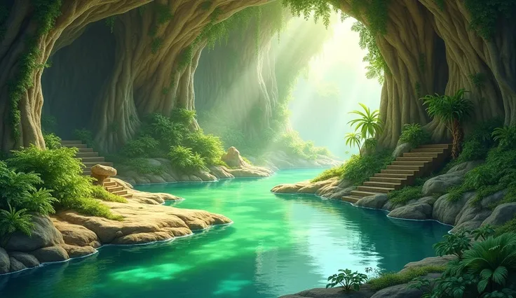  generates a cave background for a fairytale with green and brown water colors, Most animated and anime 