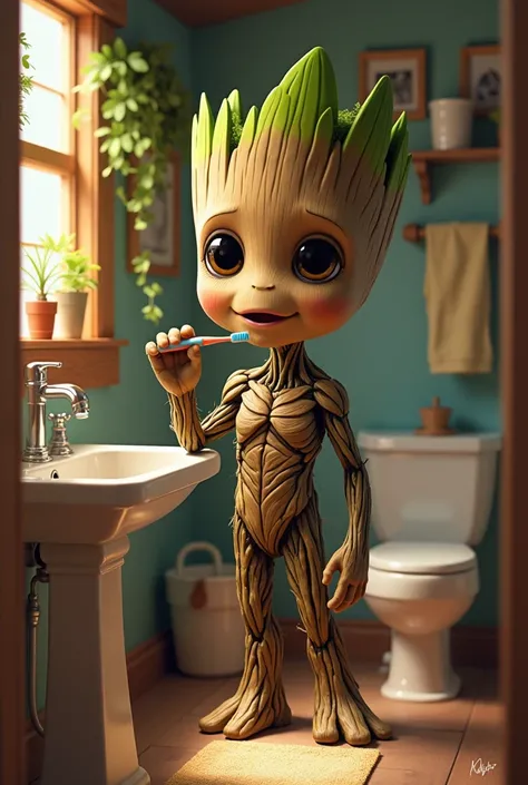 Can you create an image for me of Groot brushing his teeth.