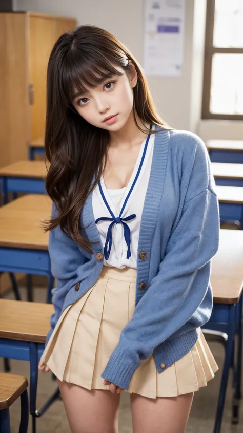 creative girl in school classroom ,(well-proportion:1.3), sexy latino ,(cowboy shot),(focus on your thighs),Im wearing a Japanese uniform with a plaid ultra-short pleated miniskirt,cardigan,blouse,tie,long light brown  hair, asymmetrical bangs ,  beautiful...