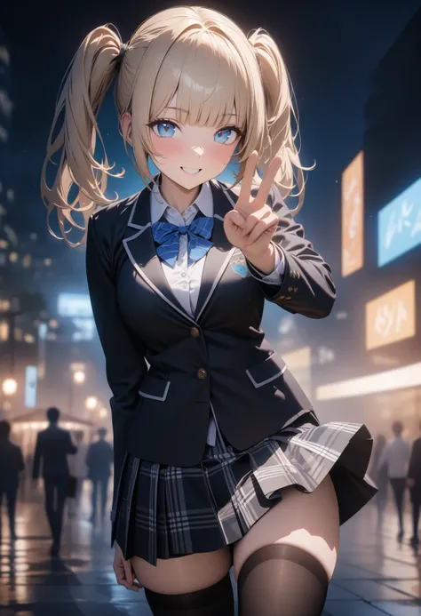 Masterpiece, ultra detailed, 8k, best quality, 1girl, student uniform, plaid skirt , Blonde, twin tails, blunt bangs, cute eyes, blue eyes , nice smile, hand peace sign, black thighhighs, A bustling park at night, white panties