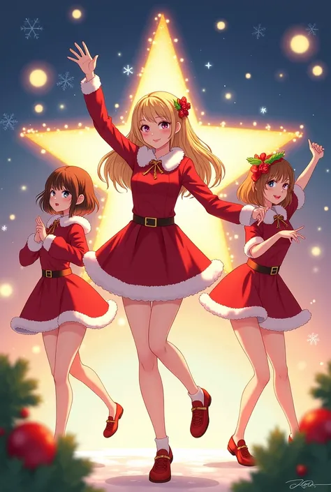 Draw three girls as Christmas Stars.  And one brunette with shoulder length hair is another blonde with shoulder length hair and a third brunette with short hair