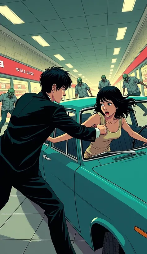 ((A man with short hair))，In the mall，Black Hair，Suits，((Cold expression))，Japanese comic style，Stand in the car，Push the black-haired woman out of the car，There are zombies chasing