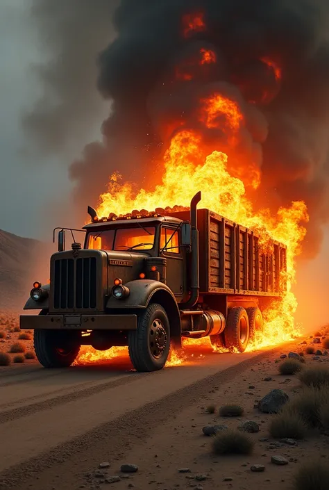 A truck loaded with stone set on fire