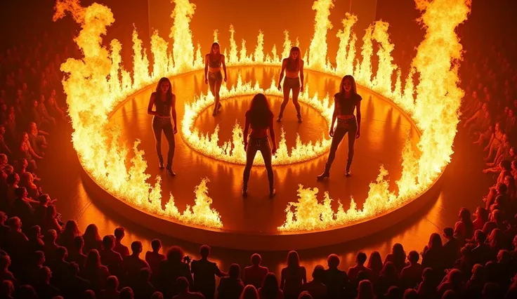 A dramatic aerial view captures the band in full force, the stage surrounded by circling streams of flame. The patterns of fire create a mesmerizing visual effect, akin to a scorching dance floor. Each band member is a focal point of energy and passion, th...