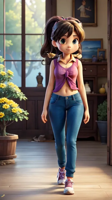  master works， Best Graphics ，Higher quality， high detail ，超高分辨率， Disney Style ， A Purple Sport Wear Top ， Purple Sports Pants ， Yellow Adidas Jogging Shoes ， Exquisite Cartoon Girl ， Bold Character Design ， Realistic Character Impression ，Wonderful ， Inte...