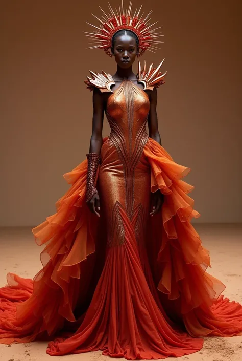 The haute couture design personifying Mars captures the fiery, raw essence of the Red Planet in a bold, avant-garde masterpiece. The gown features a dramatic, asymmetrical silhouette with a sculptural, armor-like bodice made of shimmering metallic copper a...