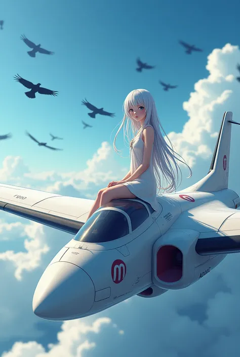  Anime girl on top of a plane with M logo.t.f.R with crows flying around 
