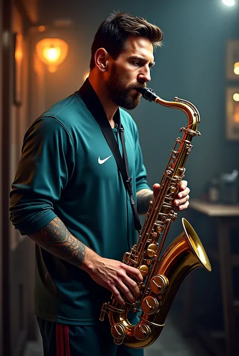 Messi player playing saxophone instrument