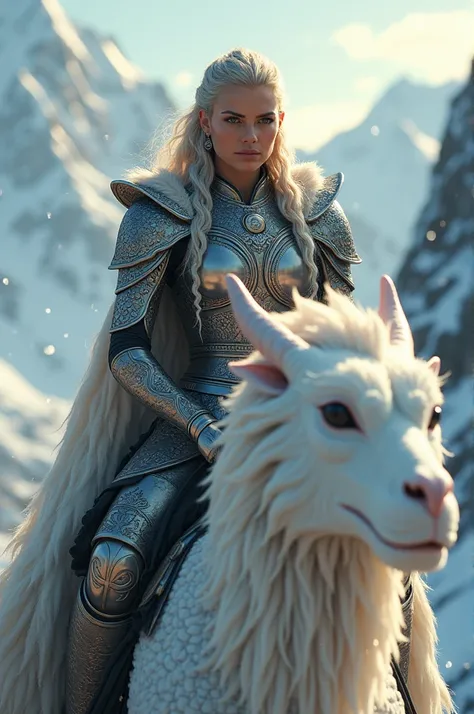  Create an image of a Viking warrior princess ,  with elaborate armor and a fearless gaze , mounted on a majestic white dragon .  They are set against a backdrop of snowy mountains , with snowflakes falling around.  The atmosphere should convey a sense of ...