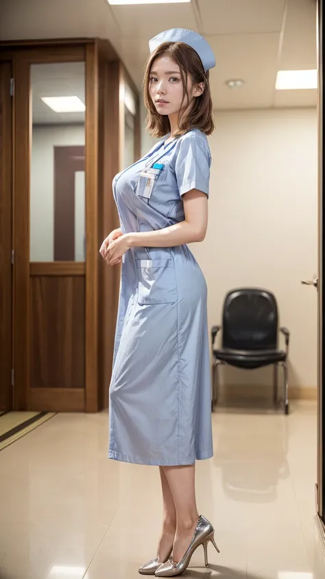 a beautiful young 24-year-old Japanese woman, beautiful, detailed anatomy, beautiful skin, random hair color and hairstyle, big breasts, nurse hat, (nurse uniform:1.3), nurse cap, (she is standing:1.2), full body shot, high heels, hospital, (best quality,8...