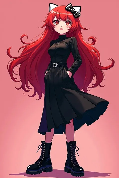 Hellokitti with long red hair ,  black blouse and black skirt with black boots