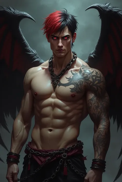 Muscular man with red and silver eyes with tears of short red and black hair with black wings with a chain with thorns over his chest and with a dark tattoo on his right side with a good side and a bad side