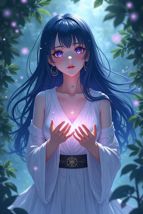 Wicca girl anime version, with dark blue hair , purple eyes. With a white tunic

