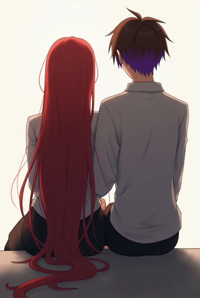 realistic image of the silhouette of a seated red-haired girl.  Next to them will be a brown-haired boy with purple tips. Both will have their backs to the image 