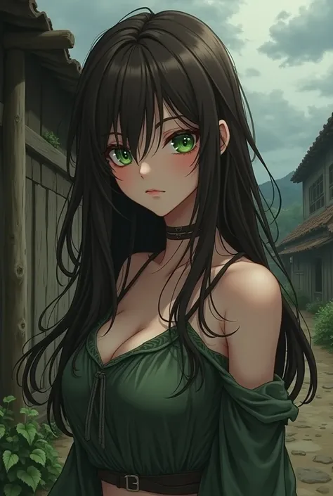 Brunette anime woman with green eyes but has dark and country style