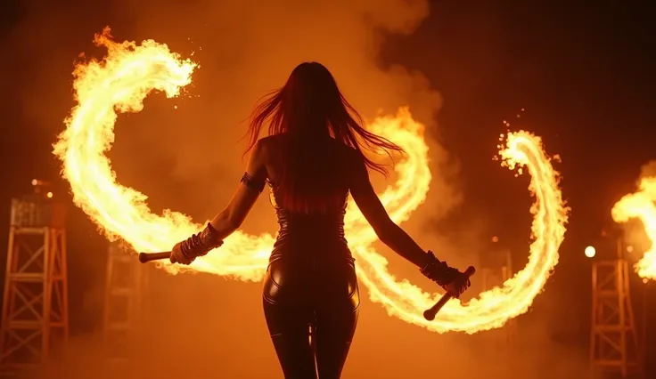 A dynamic slow-motion capture of a fire baton being spun through the air. The scene showcases the baton’s fiery trail against a dark backdrop. Bright, fiery colors pop against deep shadows, creating an intense visual impact. Lighting emphasizes the baton’s...