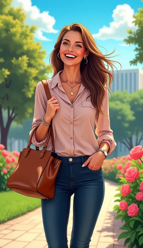 
Aqui está o prompt ajustado com um cenário colorido ao ar livre e luz do dia:

"A comic book style image of an adult American woman, radiating happiness and a sense of accomplishment. She is dressed in casual and tasteful clothing, such as a pastel-colore...