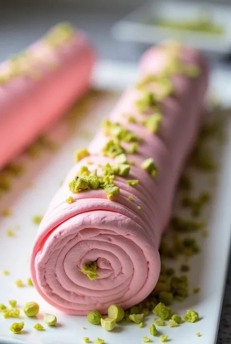 Long meringue rolled with pieces of chopped pistachio whatever the meringue is pink so that the meringue is long like a tube 

