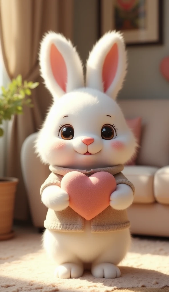 very cute white super fluffy bunny on two legs holds a heart in his cozy apartment