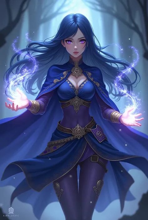 Powerful wicca girl ,  long dark blue hair , Lila eyes with a cape and magic in her hands anime version 
