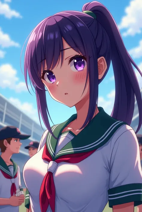 Japanese animation style、 high school girl、Baseball players、 Baseball Cap 、Dark Purple Long Hair、single ponytail、 purple pupils、 full breasts 、From Taiwan