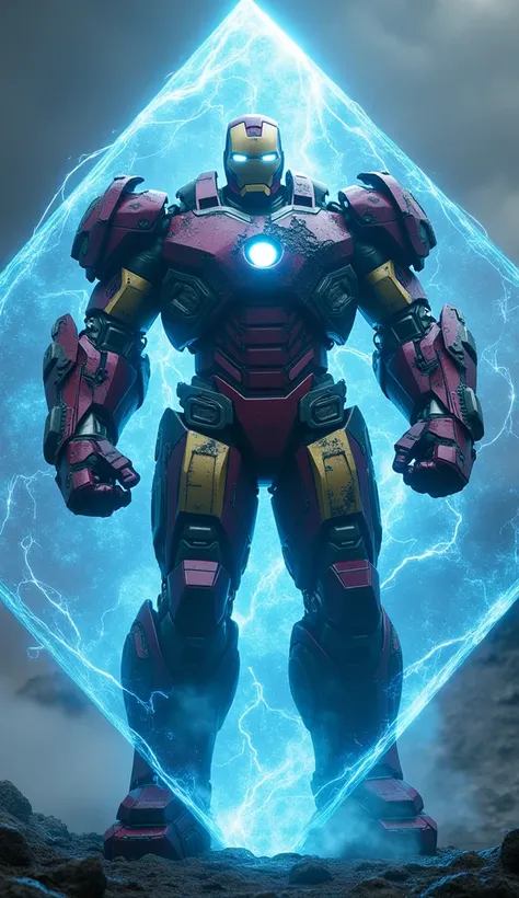 Iron Man Hulkbuster Tesseract Form Masterpiece, Accurate, Best Quality, Award Winning, Damaged, Lens Flare, Image Fill, Color Blue Diamod Cosmic