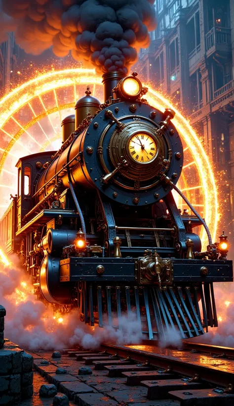  a steam train coming out of a portal . The train has a clock on the front .  the portal from which it comes out is magical and shines brightly.