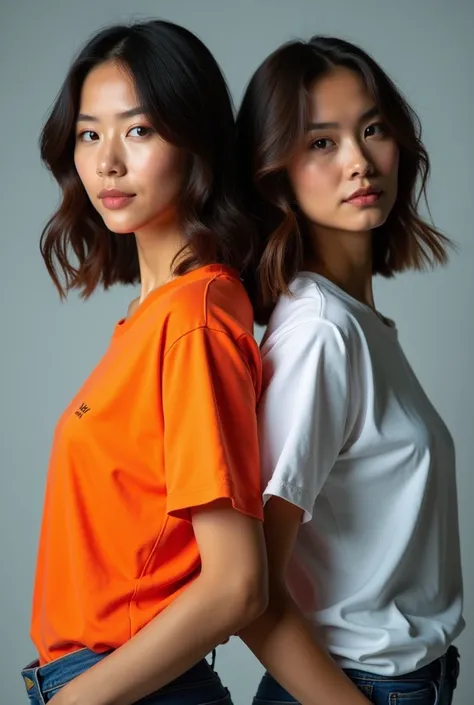 2 professional models looking forward with full-color t-shirts 