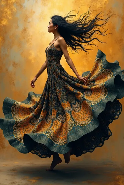 🔥 PROMPT: A mesmerizing indonesian woman with dress batik berpola bulu merak spinning gracefully, her flowing dress expanding outward in dynamic fractal patterns, intricately adorned with shimmering pyrite and agate stone details. The dress merges organic ...