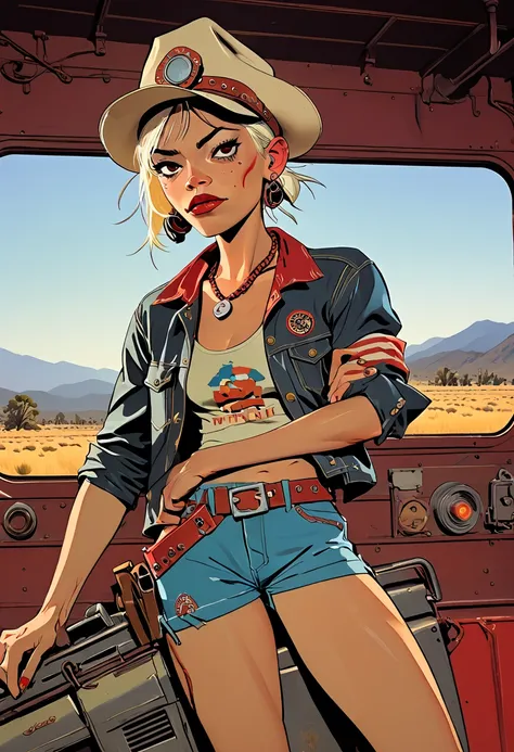 Tank Girl, riding the rear brakemans end of the caboose, outfit distinct homage to cowboy sadcowgirl western, (jamie hewlett style reference), portrait, candid, expressive illustration, sense of movement and energy as the train rides through the sierra ran...