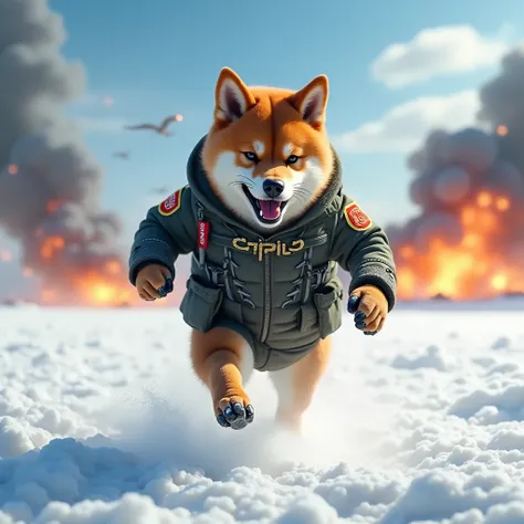  large snowy field with beautiful blue skies and clouds 、Shiba Inu with brown coat 、The fox「JTT」Im angry for wearing the latest special forces unit equipment embroidered with、A noble pattern with gold embroidery on the arm 「hair」Embroidered 、 he is running...