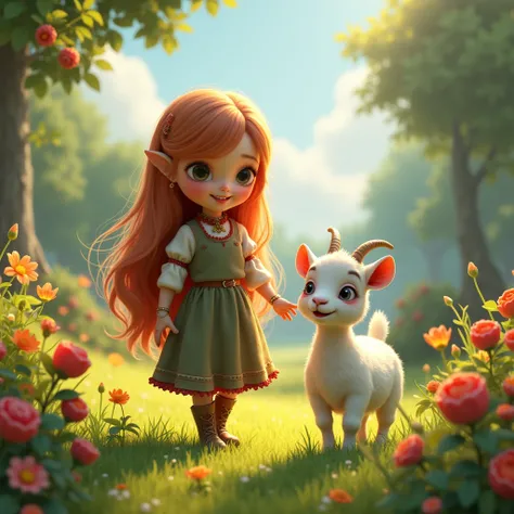  Real-cartoon-fairy-tale world , high quality ,  highly detailed ,  hyperrealistic ,  extremely realistic ,  photorealistic , 8k,  Girl Tatyanka With long hair, walking on the lawn ,  next to the little goat ,  around the picturesque flowers and berries 