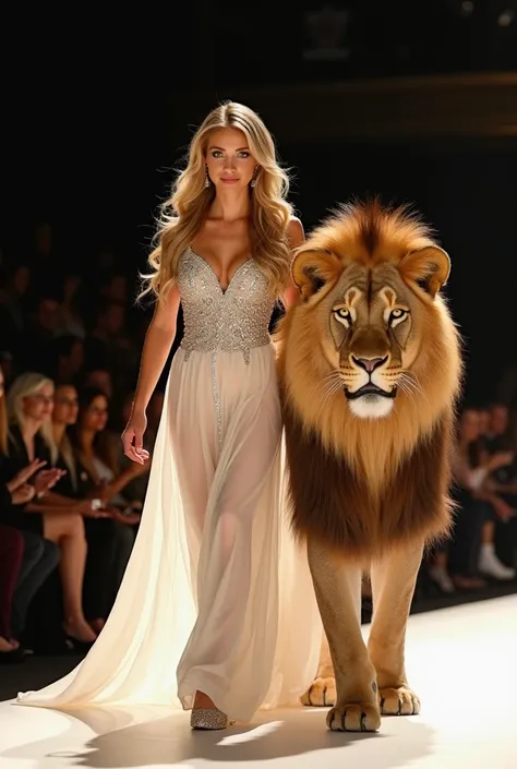 Here’s the prompt in English:

"A beautiful woman with long blonde hair and blue eyes, confidently walking on a runway alongside a majestic lion. The scene is glamorous, with bright lights, an elegant audience in the background, and the woman wearing a stu...