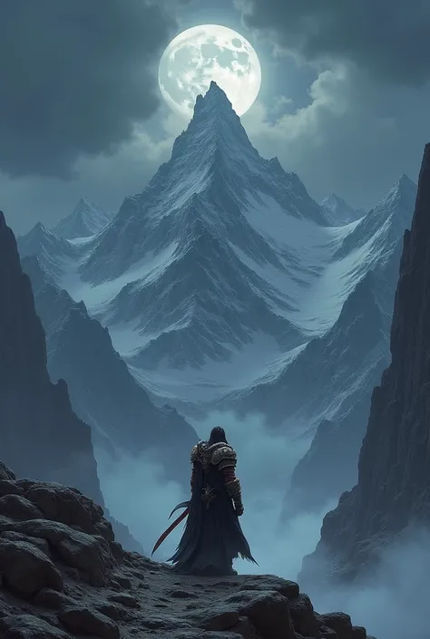  Mountain landscape with dark sky, And the moon in the background and a warrior in front