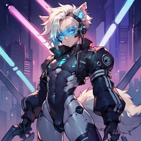 a mecha femboy with wolf ears and a wolf tail, has white hair, mechanical parts, lasers, glowing neon lights, wearing a tech visor, cyber punk aesthetics, glowing blue eyes