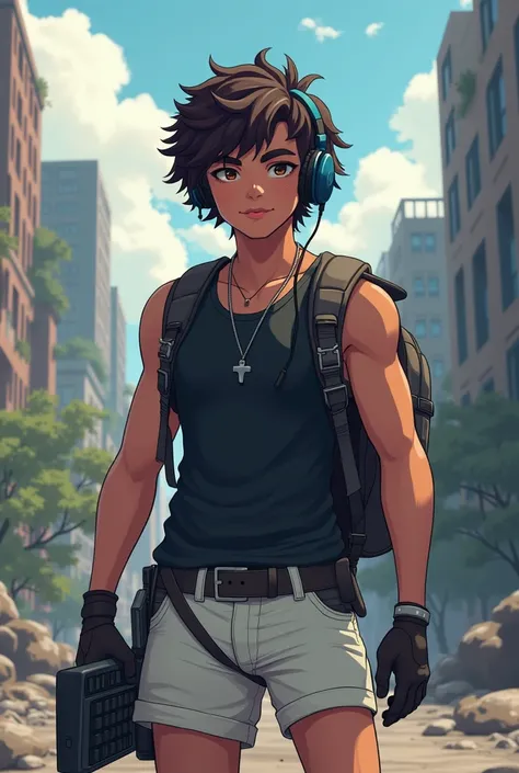 Create an image featuring a male character , 24 year old, moreno,  short curly hair, with a black tank top and white shorts ,  a headset and a backpack in a post-apocalyptic scenario,  carrying a computer keyboard and a mouse in her hand , not pixel art st...